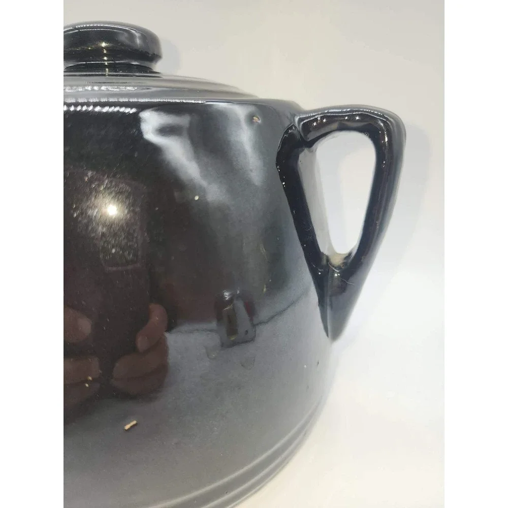 Vintage Black Ceramic Hand Painted Grape Bean Pot Cookie Jar with Lid 2 Handle